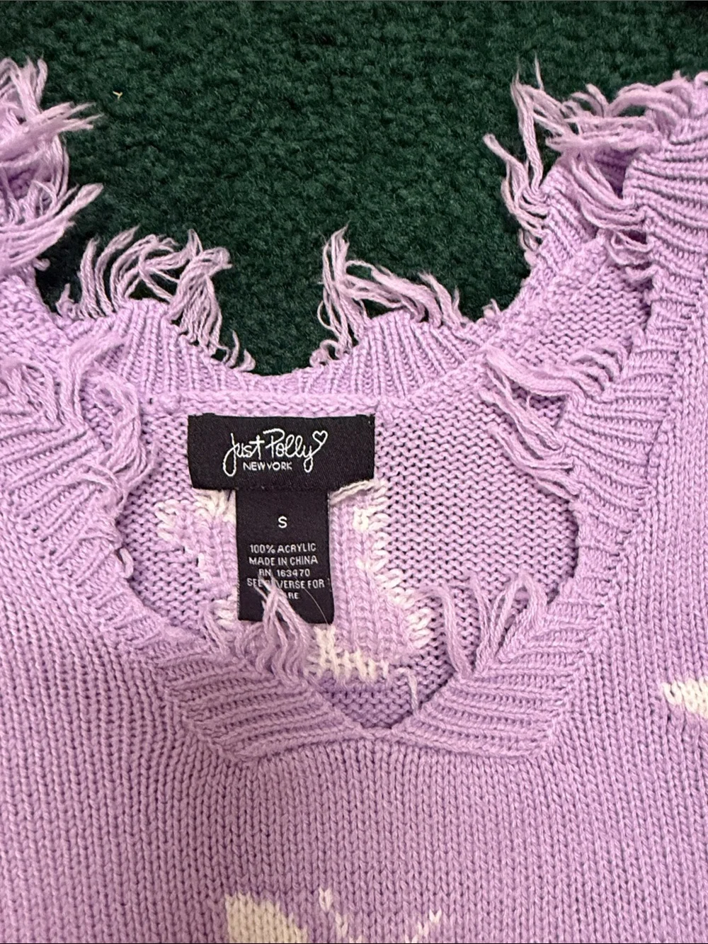 Just Polly distressed purple sweater,distressed Jessica Simpson beige sweater.